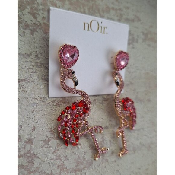 Noir Pink & Red Crystal Flamingo Dangling Stud Earrings - Picture 3 of 4